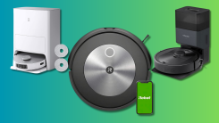 Three robot vacuums on a teal and green gradient background.