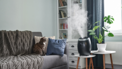 A humidifier emitting a cloud of steam in a home's living room. There's a tabby cat on the couch looking at it for some reason.