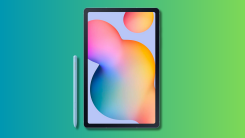SAMSUNG Galaxy Tab S6 Lite on a teal and green gradient background.