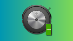 Roomba j7 Robot vacuum on a teal and green gradient background.