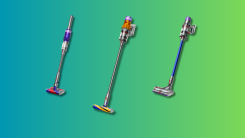 Dyson Omni-Glide, Dyson V11, and Dyson V12 Detect on a teal and green gradient background.