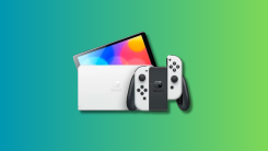 Nintendo Switch OLED  on a teal and green gradient background.