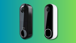 Arlo Essential Video Doorbell generations 1 and 2 on a teal and green gradient background.