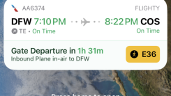 Realtime updates about a flight including departure, arrival, and gate number, from the FLightly app