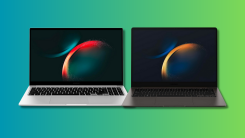 Two SAMSUNG Galaxy Book3 Business Laptops on a teal and green gradient background.
