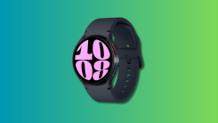 Samsung Galaxy Watch 6 on a teal and green gradient background.