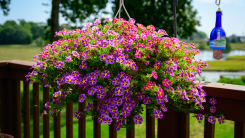 hanging basket of petunias outside