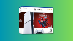 Sony PlayStation 5 Slim Console Marvel's Spider-Man 2 Bundle on a teal and green gradient background.