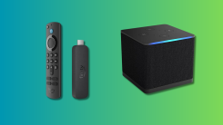 Fire TV Stick and Cube sale on a teal and green gradient background.