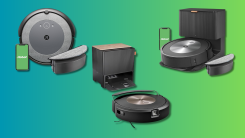 iRobot Roomba Combo j5+, i5+, j9+, and i5 on a teal and green gradient background.