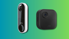 Arlo Essential Wired Video Doorbell and Blink Outdoor 4 on a teal and green gradient background.