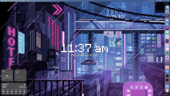 A Mac desktop with a pixel art cyberpunk wallpaper