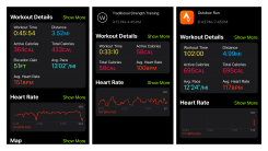 Screenshots of different activities in Apple Fitness. One shows different numbers for active calories and total calories.
