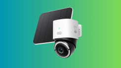 A product image of the Eufy 4G LOTE Cam S330 against a blue and green gradient background