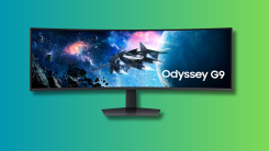 Odyssey G9 LS49CG954ENXZA on a teal and green gradient background.