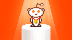 An illustration of the Reddit mascot standing on a podium wearing an Olympic-style medal