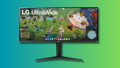 LG 34WP65G-B UltraWide Monitor on a teal and green gradient background.