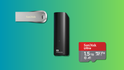External Hard Drives, MicroSDXC Memory Cards, and Flash Drives from WD and SanDisk on a teal and green gradient background.