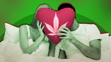 A photo composite of a man and woman lying next to each other in bed and holding a heart-shaped pillow over their faces; superimposed on the pillow is the image of a cannabis plant