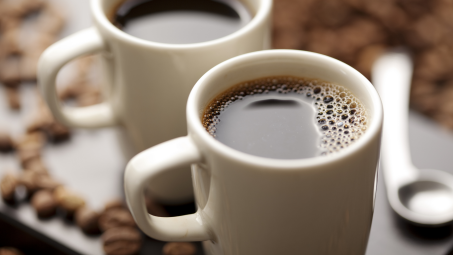 A photograph of two white mugs of black coffee