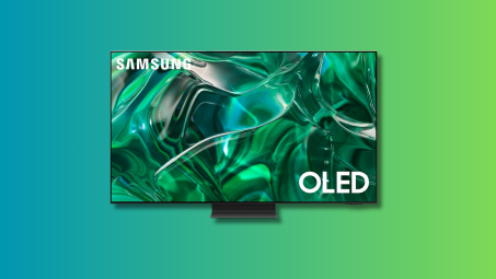Samsung S95C OLED TV on a teal and green gradient background.