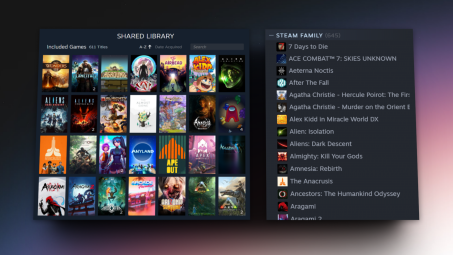 A screenshot of the Steam Families interface, showing the shared games library
