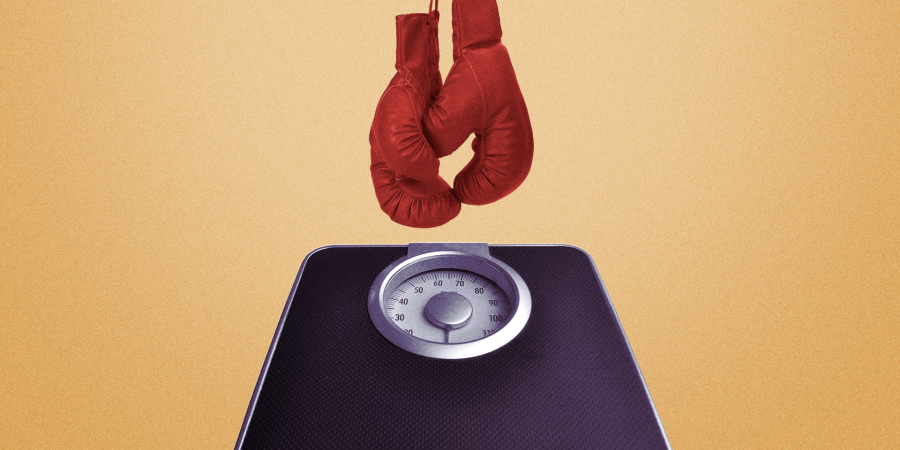 A composite image of a pair of boxing gloves hanging over a bathroom scale