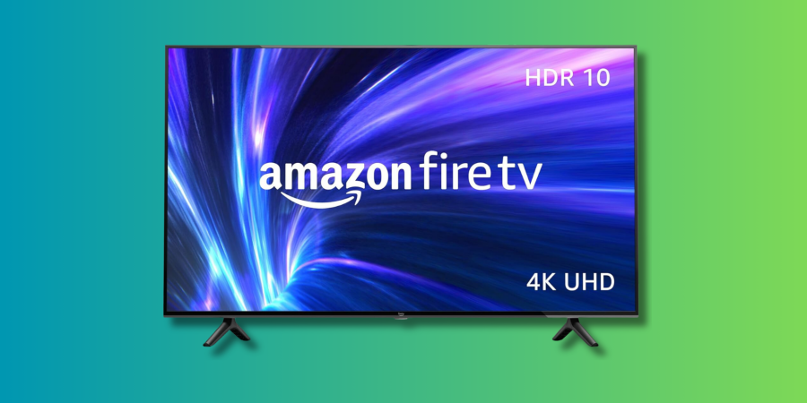 Amazon Fire TV on a teal and green gradient background.