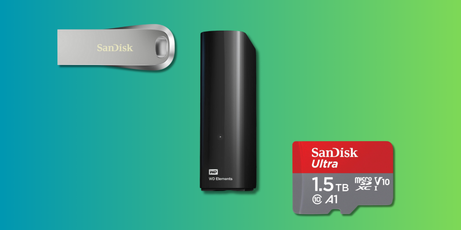 External Hard Drives, MicroSDXC Memory Cards, and Flash Drives from WD and SanDisk on a teal and green gradient background.