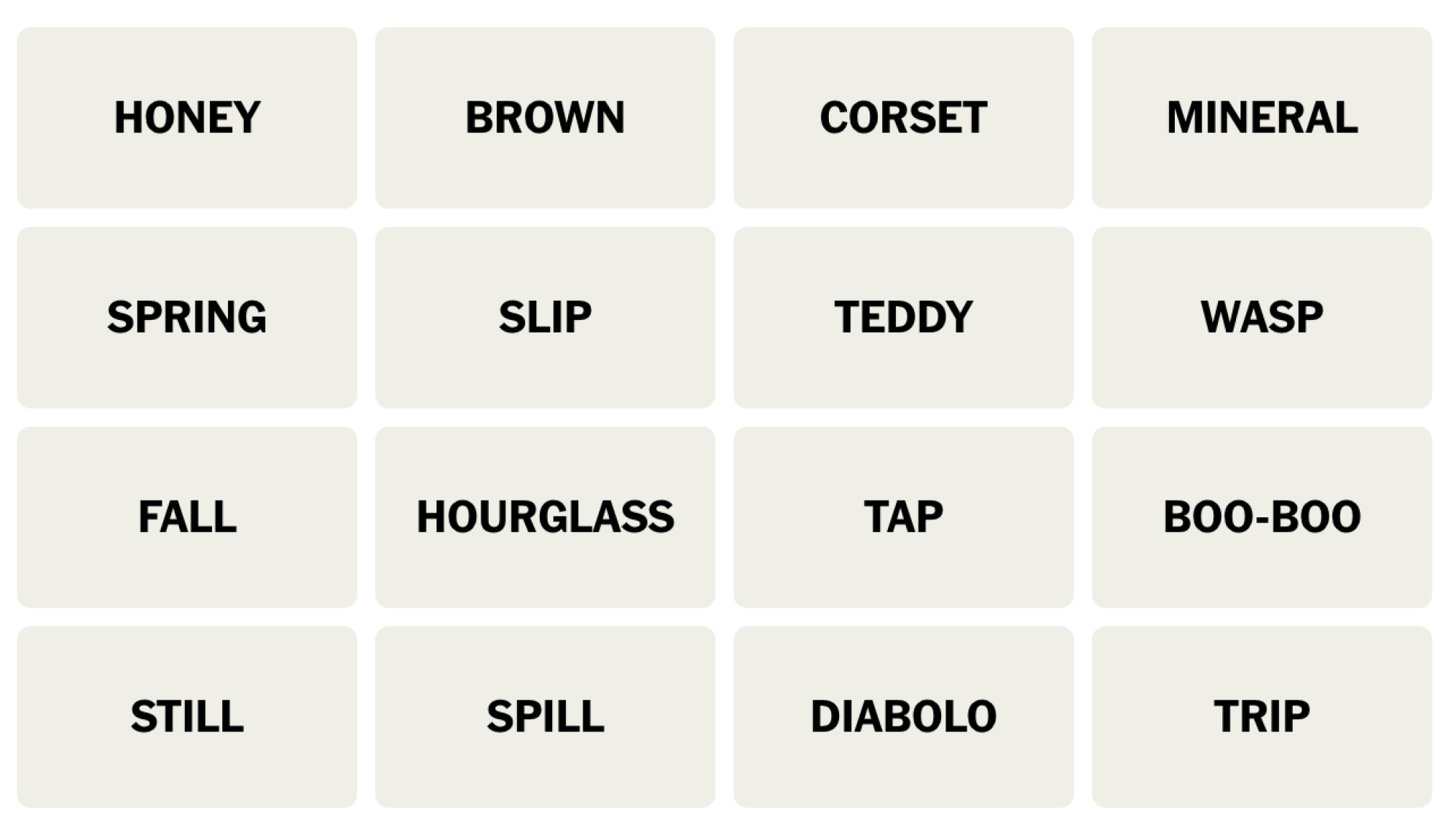 NYT Connections board for March 31, 2024: HONEY, BROWN, CORSET, MINERAL, SPRING, SLIP, TEDDY, WASP, FALL, HOURGLASS, TAP, BOO-BOO, STILL, SPILL, DIABOLO, TRIP.